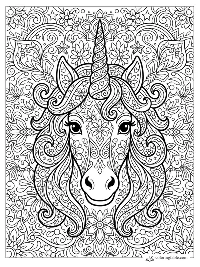 Unicorn face mandala with a spiral horn, flowing mane, flowers, stars, hearts, and leafy swirls.