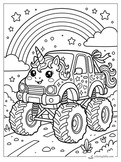 Kawaii unicorn monster truck with giant tires, stars, clouds, and a rainbow