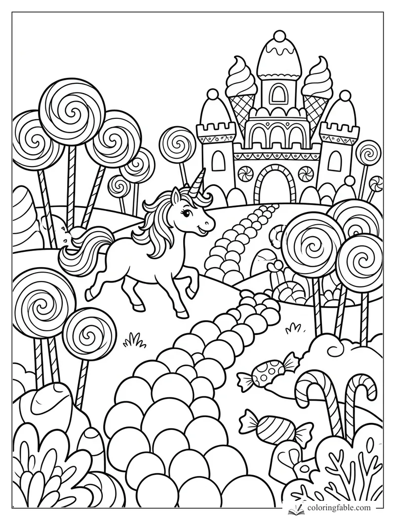 Smiling unicorn trotting past lollipop trees toward a candy castle with ice cream towers