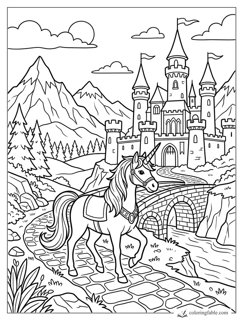 Cartoon unicorn on a cobblestone road before a flag-topped castle, mountains, pines, and arched bridge