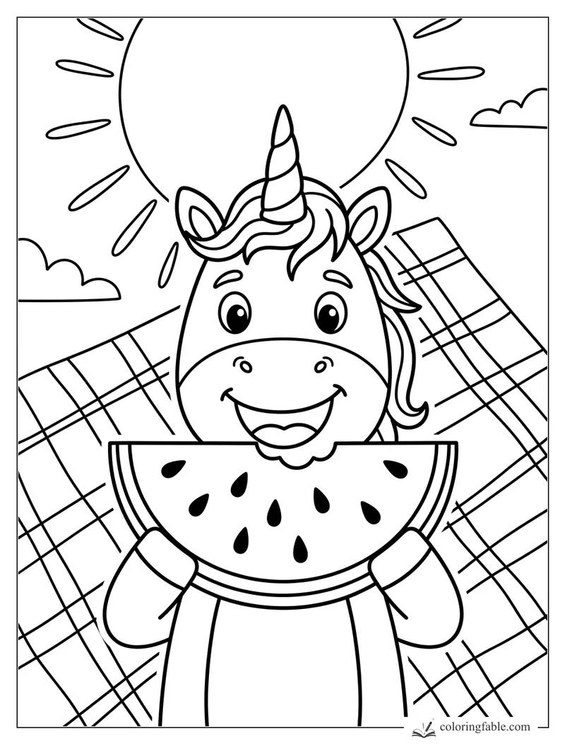 Smiling unicorn holding a watermelon slice on a checkered picnic blanket under a bright sun