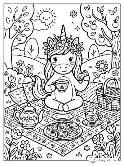 Unicorn wearing a flower crown at a garden picnic with cookies, teapot, apples, trees, and smiling sun