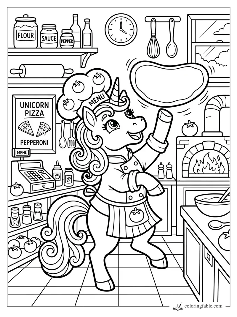 Cartoon unicorn chef tossing pizza dough in a kitchen with tomatoes, menu sign, oven, and cooking tools