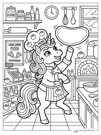 Cartoon unicorn chef tossing pizza dough in a kitchen with tomatoes, menu sign, oven, and cooking tools