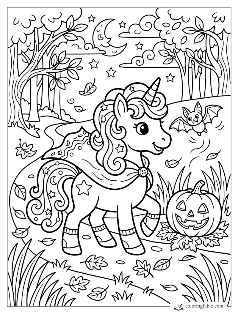 Cartoon unicorn pony walking past a jack-o'-lantern, bat, crescent moon, stars, trees, and falling leaves.