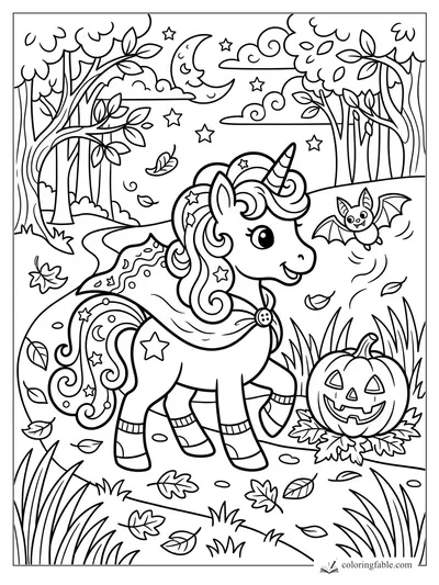 Cartoon unicorn pony walking past a jack-o'-lantern, bat, crescent moon, stars, trees, and falling leaves.
