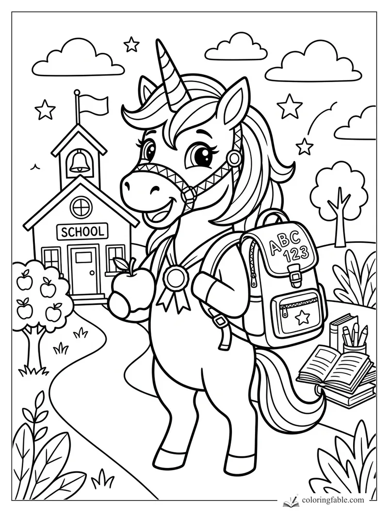Smiling unicorn with backpack, apple, schoolhouse, books, clouds, and stars coloring page