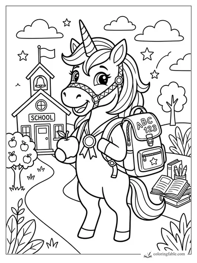 Smiling unicorn with backpack, apple, schoolhouse, books, clouds, and stars coloring page