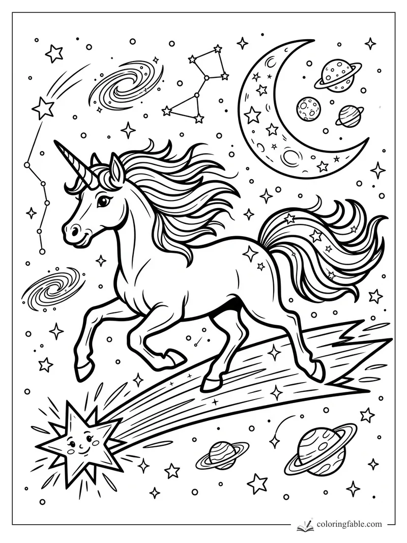 Cartoon unicorn galloping on a shooting star among a crescent moon, planets, galaxies, and constellations.