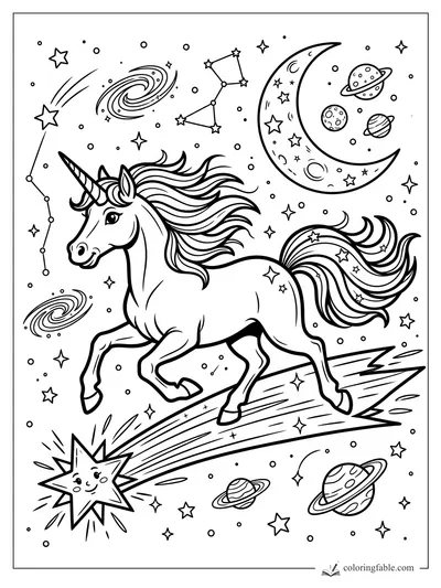 Cartoon unicorn galloping on a shooting star among a crescent moon, planets, galaxies, and constellations.