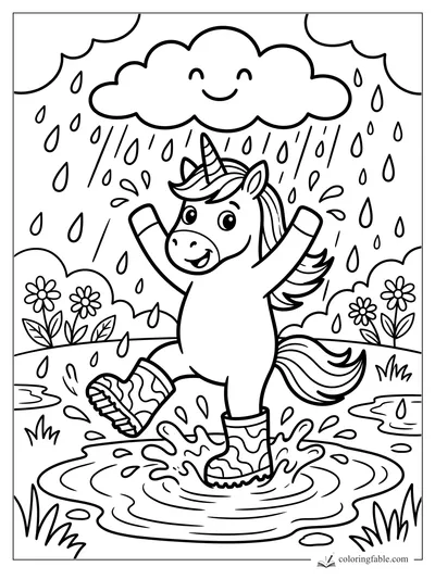 Smiling unicorn splashes in a puddle under a happy rain cloud with flowers nearby.