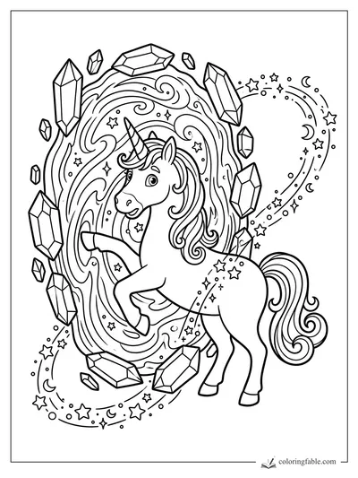Cartoon unicorn lifting a hoof beside a swirling portal, crystals, stars, moons, and a curled tail