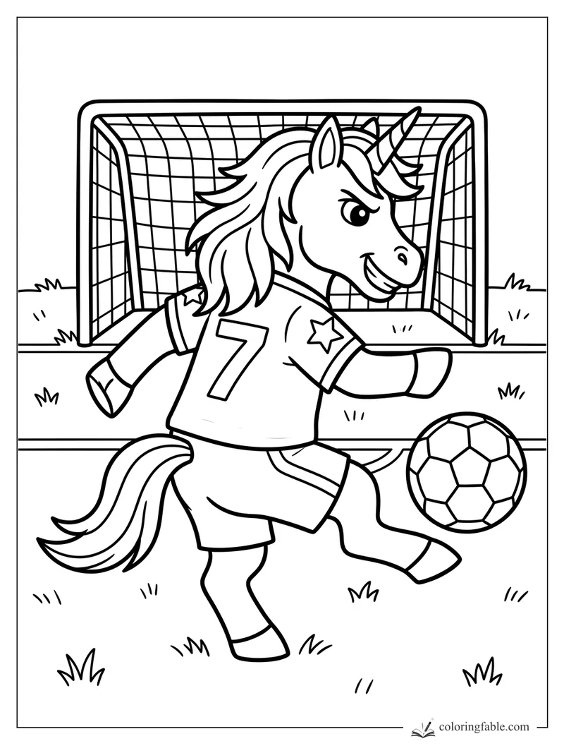 Cartoon unicorn soccer player in a number 7 jersey kicking a ball toward a netted goal.
