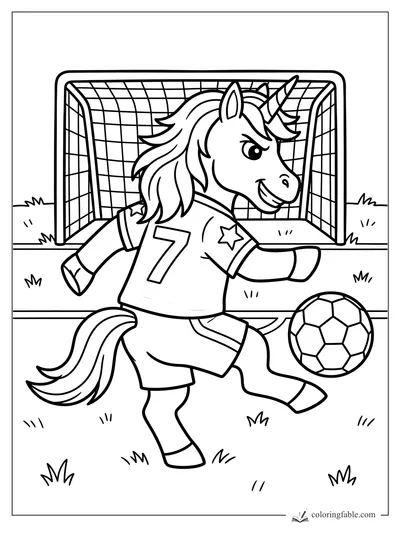 Cartoon unicorn soccer player in a number 7 jersey kicking a ball toward a netted goal.