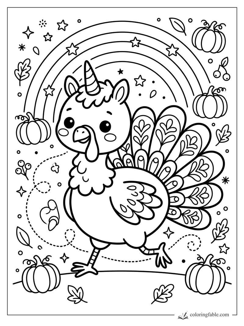 Kawaii unicorn turkey with patterned tail feathers, pumpkins, stars, leaves, and a rainbow.
