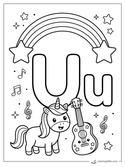 Kawaii unicorn with a ukulele beneath big and small U letters, rainbow, stars, and music notes