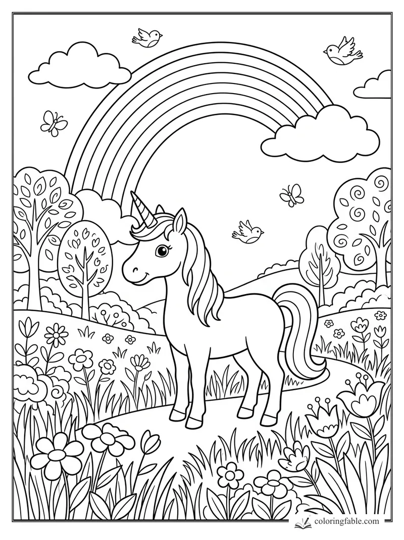 Cartoon unicorn in a flower meadow under a rainbow, with clouds, birds, butterflies, and leafy trees.