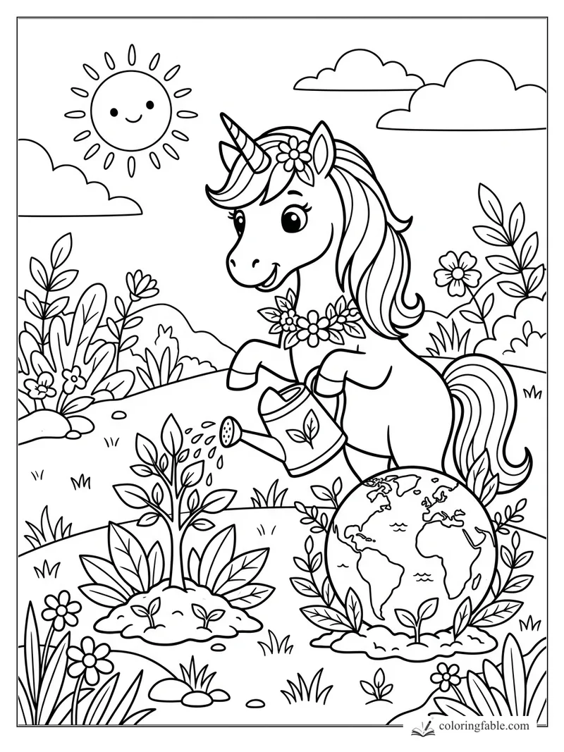 Smiling unicorn waters a sprout beside a globe, flowers, clouds, and a happy sun in a garden scene.