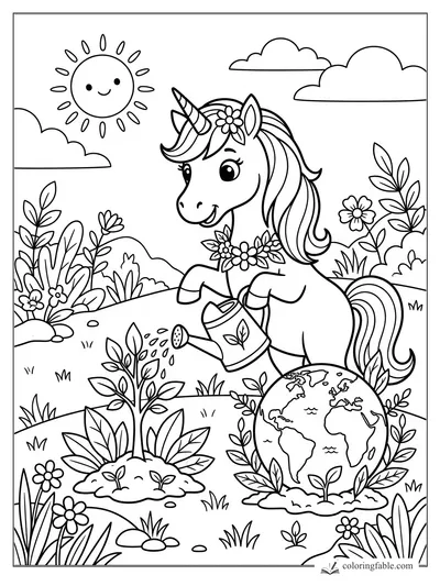 Smiling unicorn waters a sprout beside a globe, flowers, clouds, and a happy sun in a garden scene.