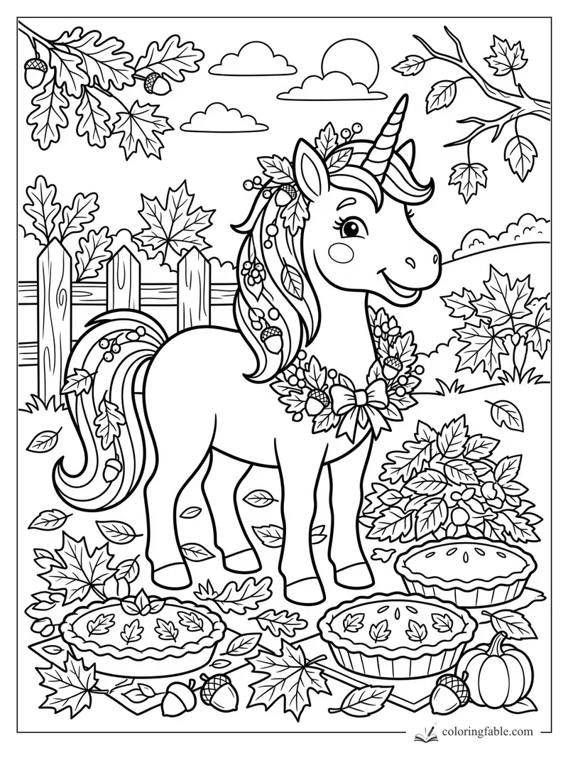 Smiling unicorn with leaf wreath, acorns, pumpkins, pies, fence, clouds, and autumn branches coloring page