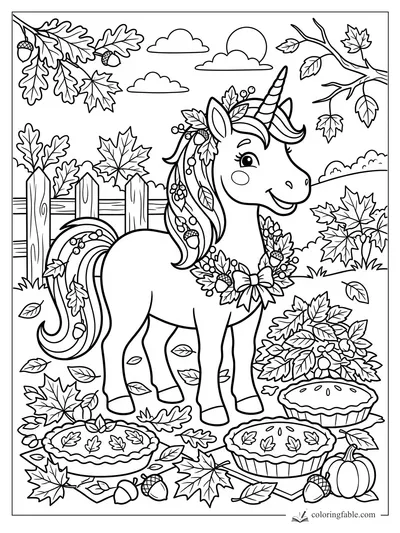 Smiling unicorn with leaf wreath, acorns, pumpkins, pies, fence, clouds, and autumn branches coloring page