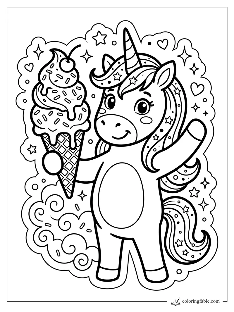 Smiling unicorn holding a giant sprinkle ice cream cone with stars, hearts, and swirly clouds.
