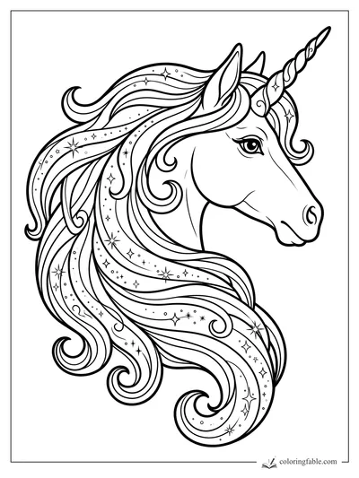 Unicorn head with a twisted horn, calm eye, and long flowing mane filled with stars and curls