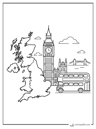 United Kingdom map with Big Ben, Tower Bridge, clouds, and a double-decker bus coloring page