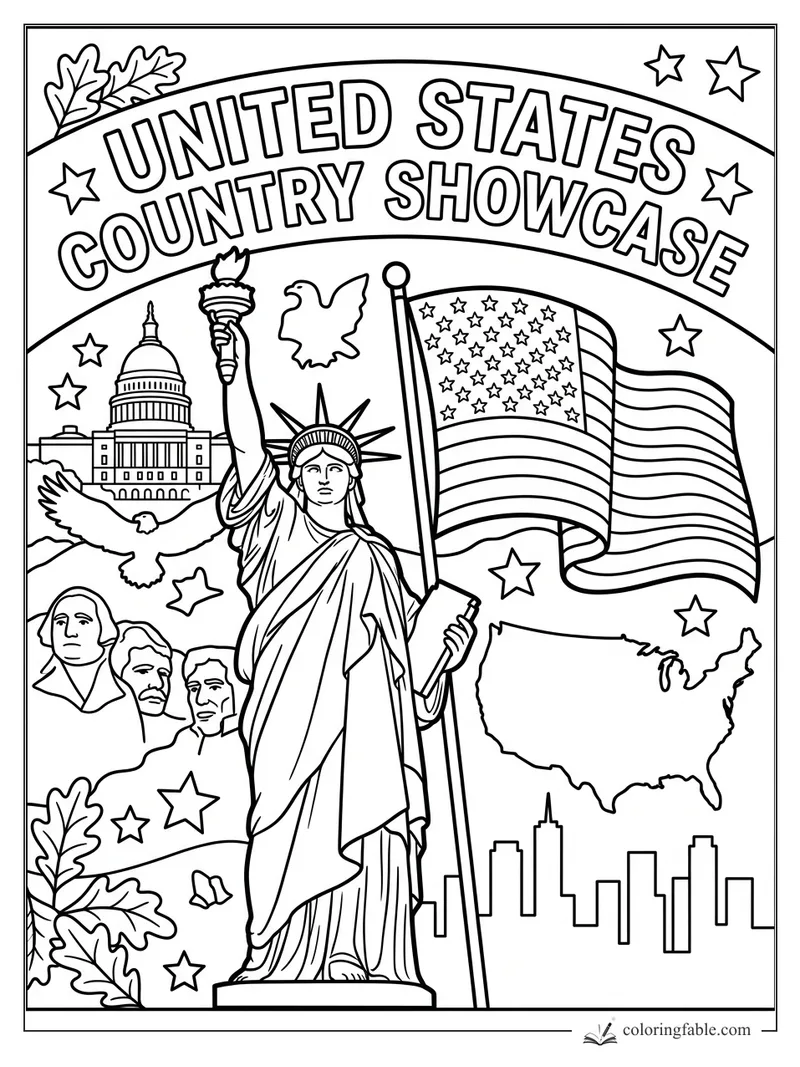 United States Country Showcase coloring page with Statue of Liberty, flag, Capitol, map, stars, and eagles