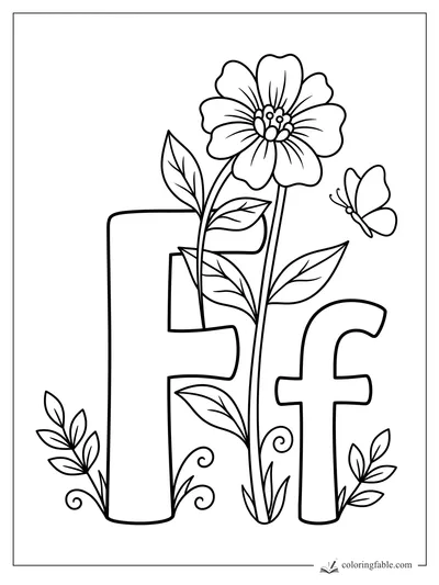 Letter F coloring page with uppercase F, lowercase f, tall flower, leaves, and butterfly