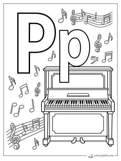 Uppercase P and lowercase p above an upright piano with music notes and treble clefs