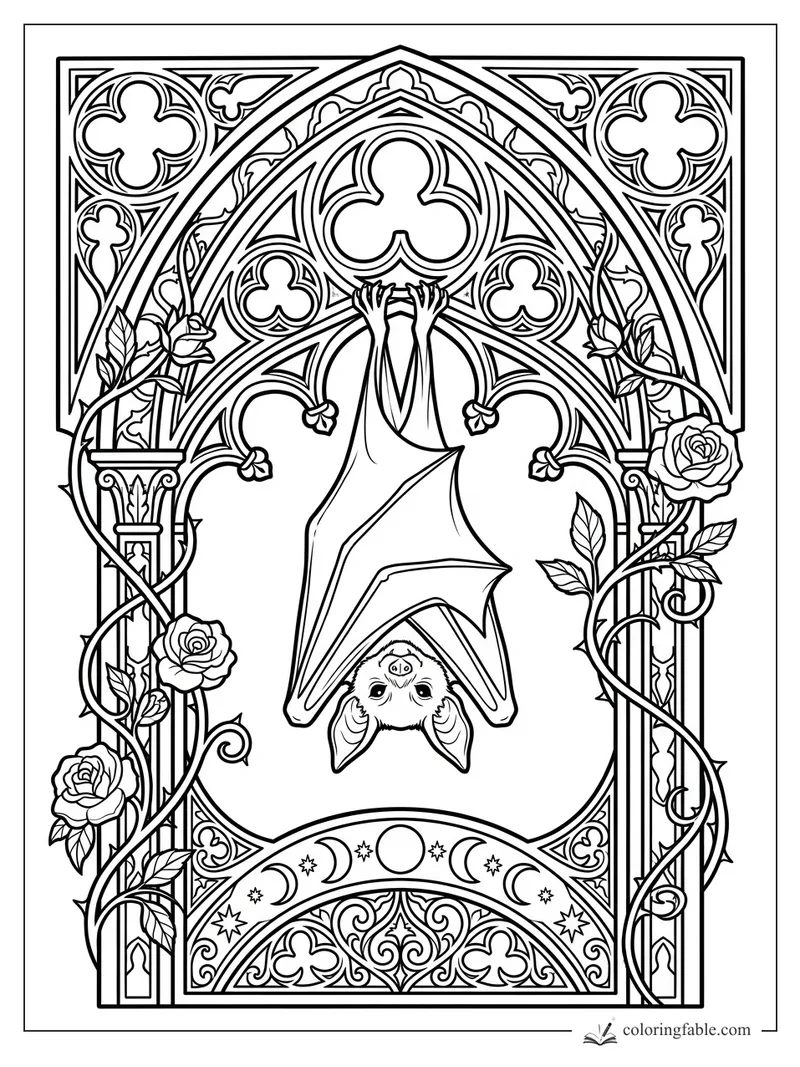 Intricate gothic bat coloring page with rose vines, pointed arches, quatrefoils, moons, and stars.