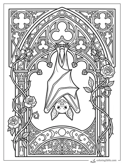 Intricate gothic bat coloring page with rose vines, pointed arches, quatrefoils, moons, and stars.