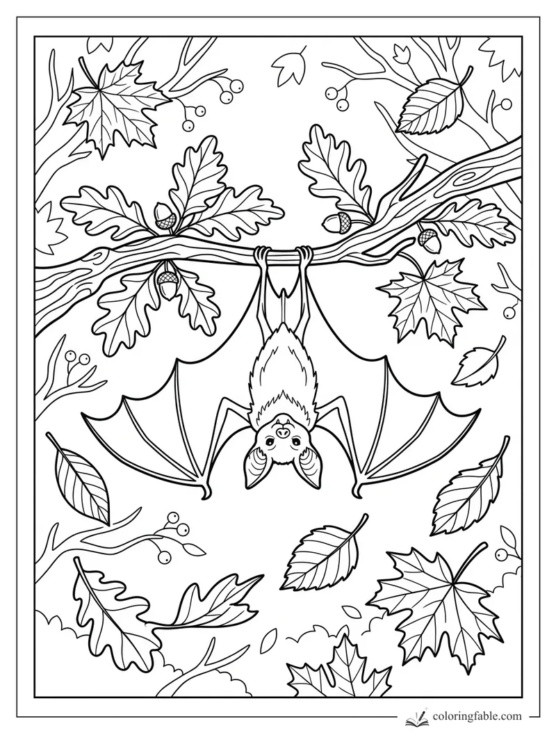 Cute bat hanging upside down from an oak branch with acorns, berries, and falling autumn leaves