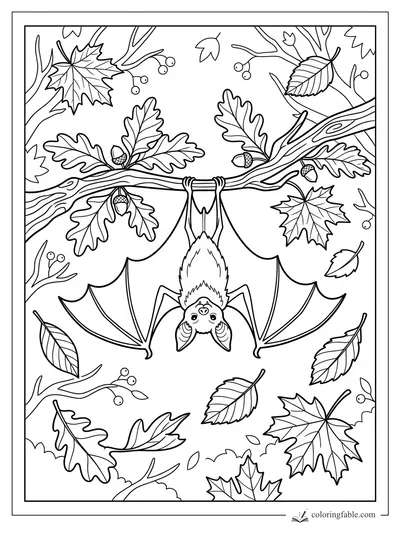 Cute bat hanging upside down from an oak branch with acorns, berries, and falling autumn leaves