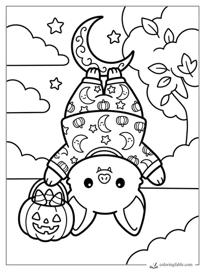 Cute bat hanging upside down in moon pajamas with a pumpkin candy bucket, stars, clouds, and leafy tree
