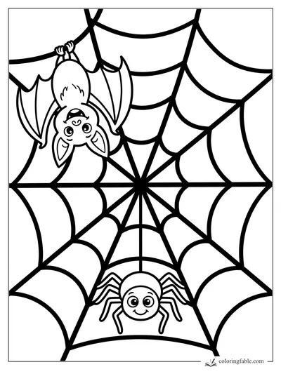 Cute upside-down bat hanging beside a smiling spider on a bold spiderweb coloring page