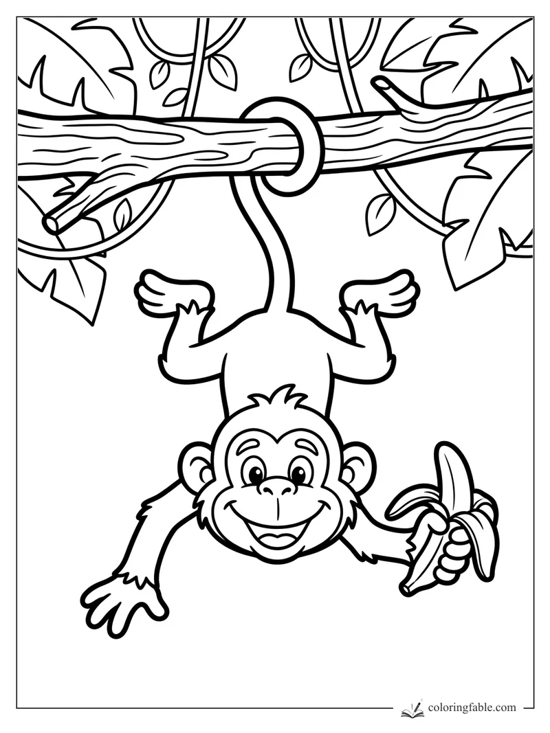 Smiling monkey hanging by its tail from a jungle branch and holding a peeled banana