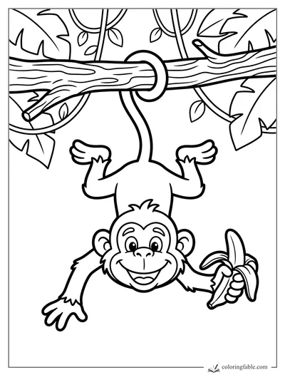 Smiling monkey hanging by its tail from a jungle branch and holding a peeled banana