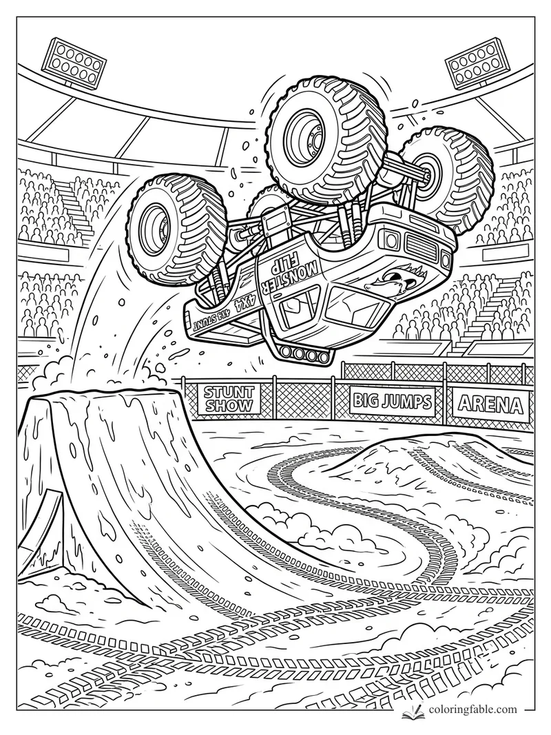 Cartoon monster truck flips upside down over a dirt ramp in a packed stunt show arena.