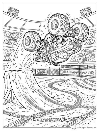 Cartoon monster truck flips upside down over a dirt ramp in a packed stunt show arena.