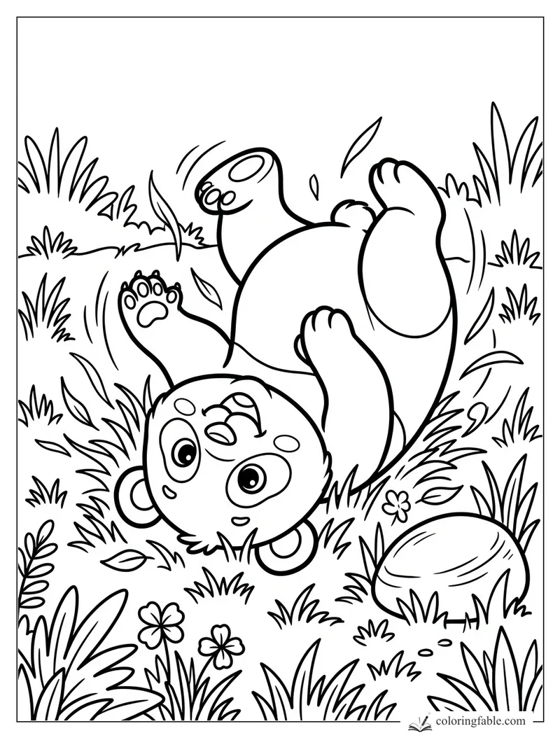 Cartoon panda lying upside down in tall grass with leaves, flowers, and a smooth rock nearby