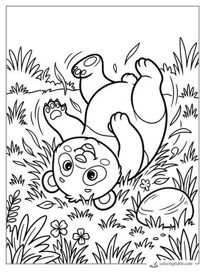 Cartoon panda lying upside down in tall grass with leaves, flowers, and a smooth rock nearby