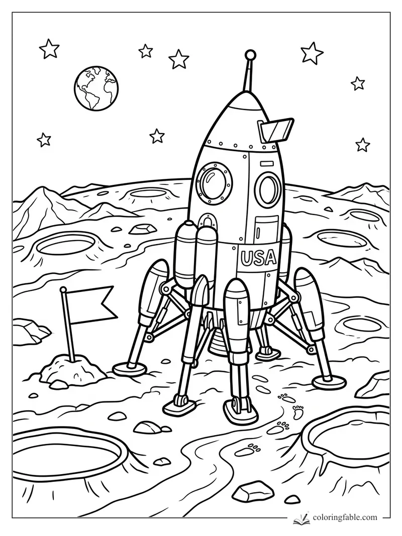 Cartoon USA rocket with landing legs on a cratered moon, flag, Earth, stars, and tiny footprints.