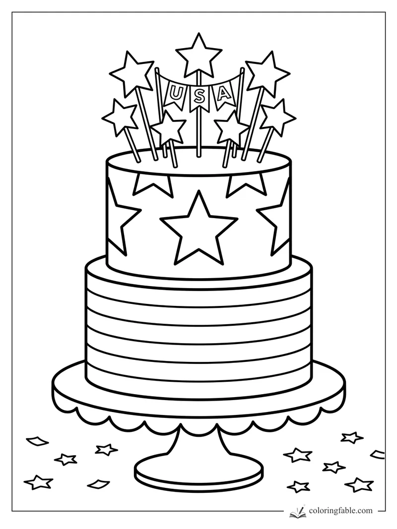 Easy coloring page of a two-tier USA cake with star toppers, striped frosting, and confetti.
