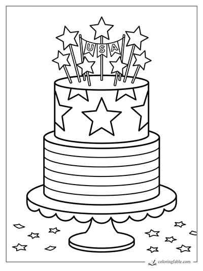 Easy coloring page of a two-tier USA cake with star toppers, striped frosting, and confetti.