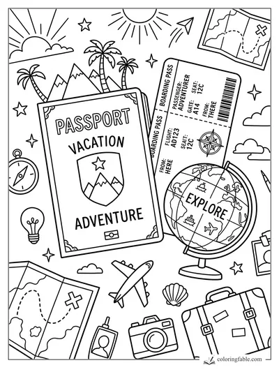 Vacation passport, boarding pass, globe, maps, plane, camera, suitcase, and palm trees coloring page