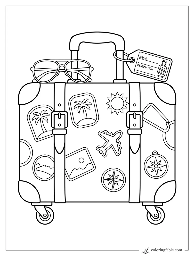 Rolling vacation suitcase with sunglasses, luggage tag, palm tree, sun, airplane, and compass stickers