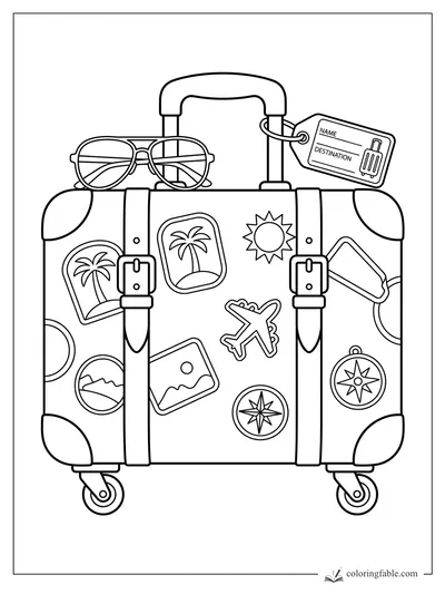 Rolling vacation suitcase with sunglasses, luggage tag, palm tree, sun, airplane, and compass stickers