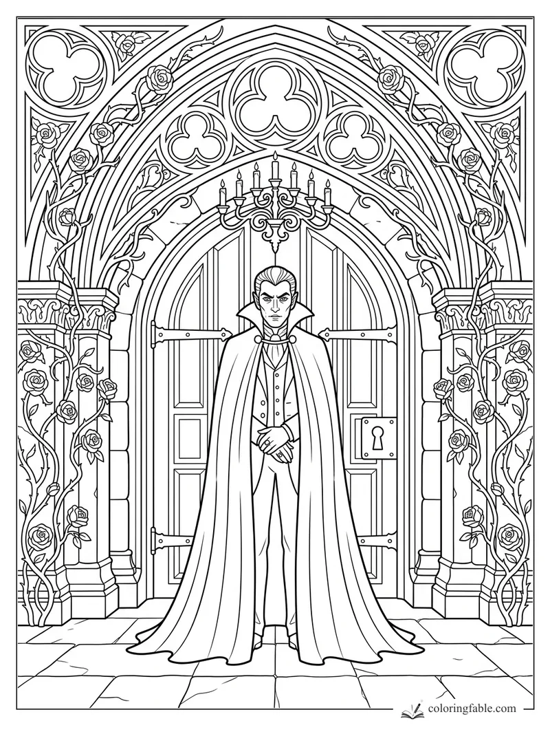 Gothic vampire standing before arched castle doors with roses, stone tracery, and a chandelier.
